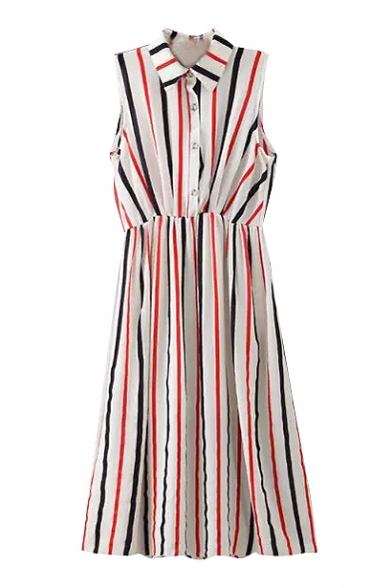 Colorful Striped Sleeveless Lapel Midi Shirt Dress