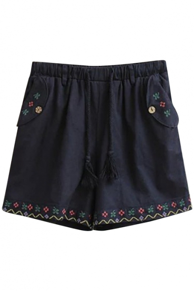Dark Blue Fresh Flora Embroidered Drawstring Waist Shorts