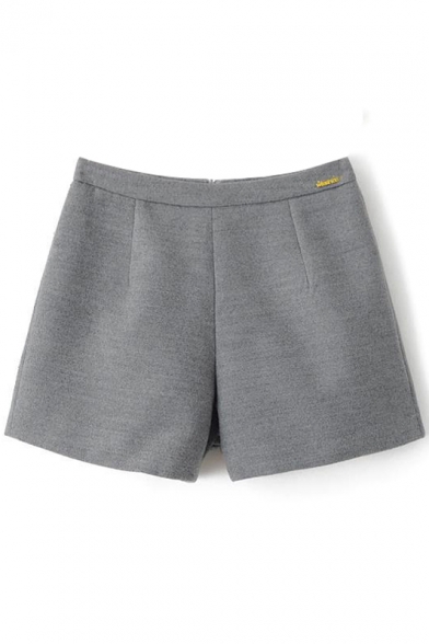 Gray Plain Zipper Back Fitted Woolen Shorts