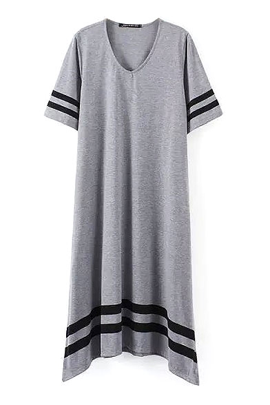 Gray Short Sleeve Stripe Asymmetric Hem Dress