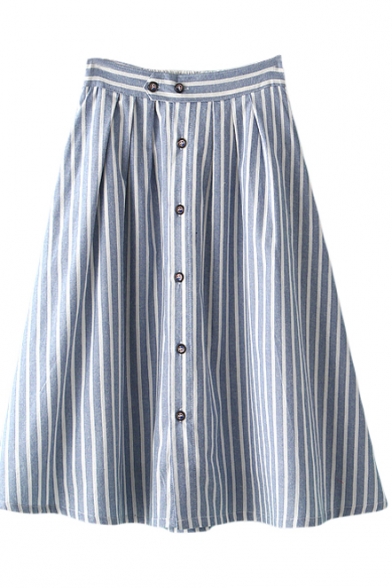 High Waist Stripe Buttoned A-line Midi Skirt