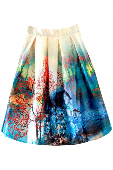 Landscape Print High Waist Mini Full Skirt