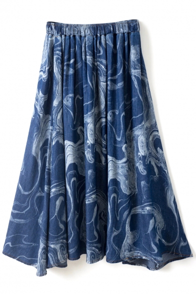 Navy Background Abstract Pattern A-line Midi Skirt