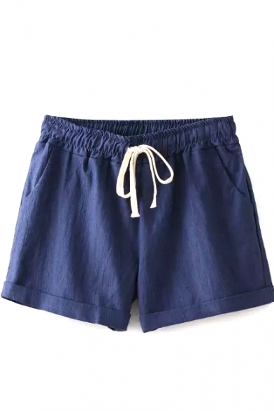 Navy Plain Drawstring Loose Shorts