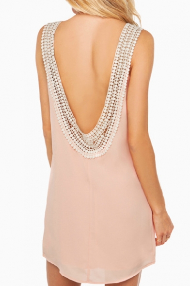 Pink Backless Cutout Trim Detail Round Neck Dress