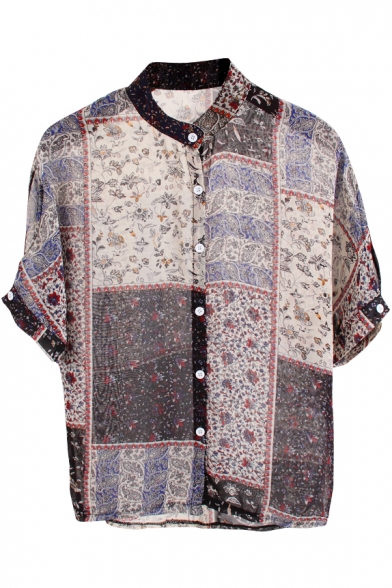 Vintage Ethnic Print Short Sleeve Stand Collar Shirt