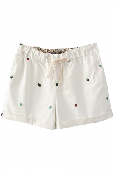 White Apple Embroidered Drawstring Waist Shorts