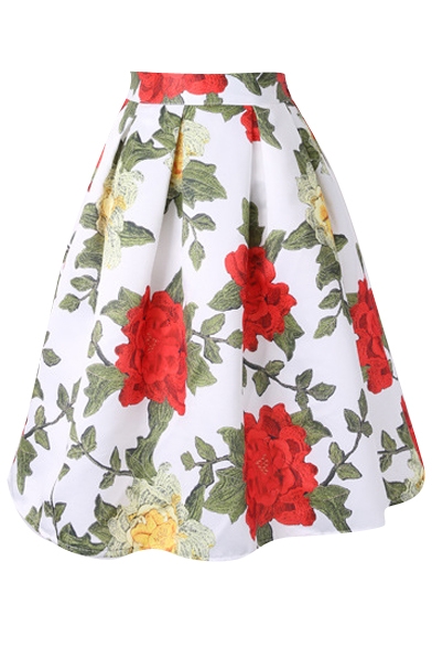 White Background Red Flower Print High Waist Flare Skirt