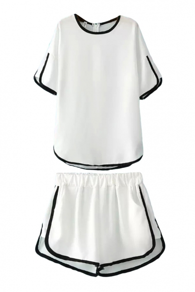 White Contrast Trim Chiffon T-Shirt&Shorts Co-ords