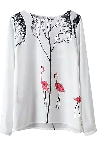 White Long Sleeve Flamingo Tree Print Blouse