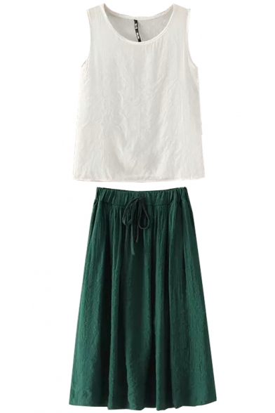 White Round Neck Tank with Green Drawstring Waist Skirt
