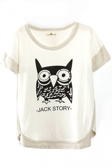 White Short Sleeve Cartoon Owl Print Contrast Trim T-Shirt