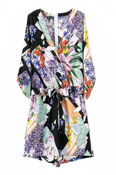 Abstract Print V-Neck 3/4 Sleeve Tied Waist Romper