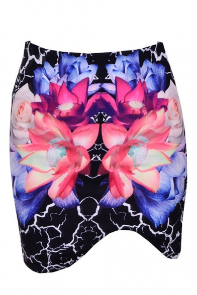 Asymmetric Hem Lotus Print Gorgeous Skirt
