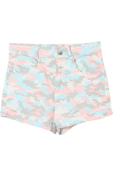 Camouflage Print High Waist Denim Shorts