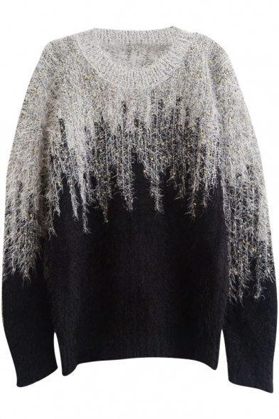 Color Block Omber Gold Thread Insert Long Sleeve Mohair Sweater with ...