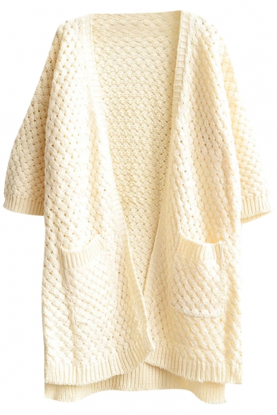 Cross Weave Knitted Plain 1/2 Sleeve Open-Front Side-Split Midi Cardigan