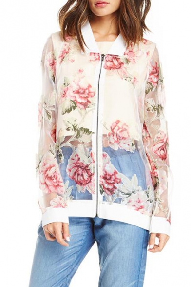 Off-duty Style Sheer Flower Print Zipper Fly White Jacket