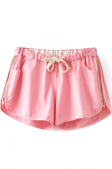 Pink Drawstring Side Zip Loose Shorts