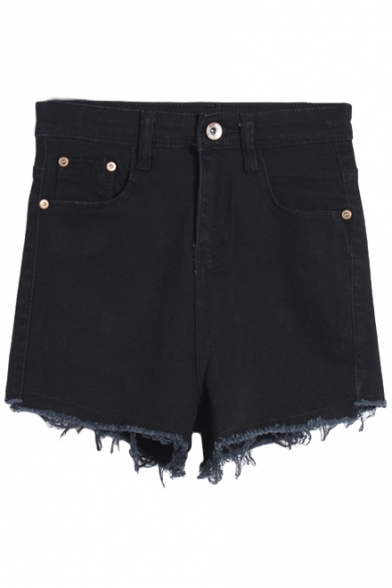 Plain High Elastic Waist Zipper Fly Shorts with Pockets