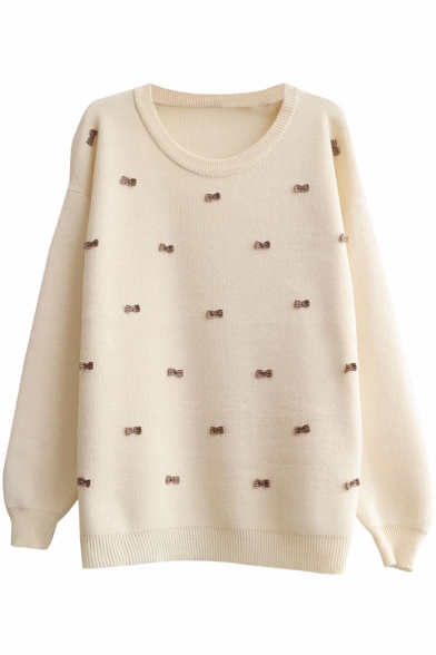 Preppy Look Plain Bows Panel Long Sleeve Round Neck Mohair Sweater
