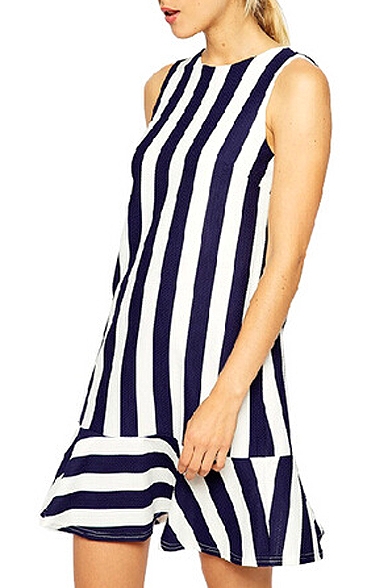 Striped Round Neck Sleeveless V-Back Tank Dress