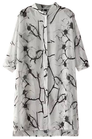 White Half Sleeve Stand Collar Ink Color Print Longline Shirt