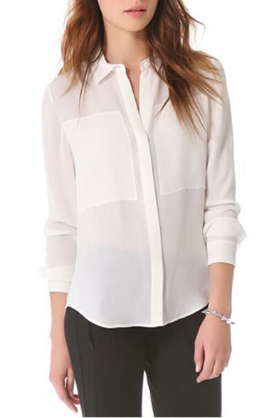 White Lapel Long Sleeve High Low Shirt