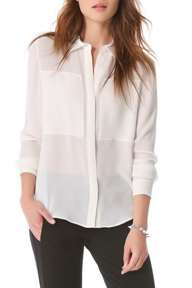 White Lapel Long Sleeve High Low Shirt - Beautifulhalo.com