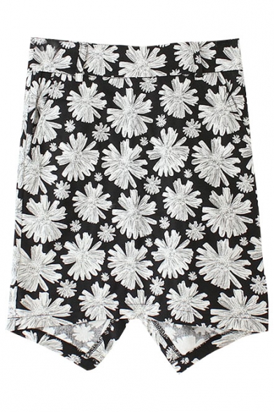 Back Hem Split White Flora Print Black Bodycon Skirt