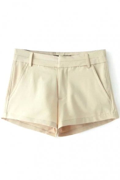 Beige Casual Cotton Shorts