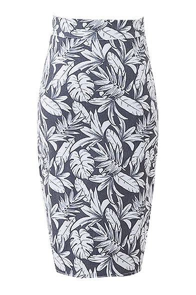 Black Background White Leaves High Waist Pencil Skirt