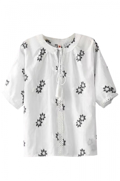 Embroidered Floral Tied Front Half Sleeve Top