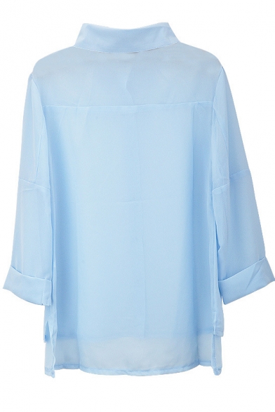 Blue Half Sleeve High Low Chiffon Shirt - Beautifulhalo.com