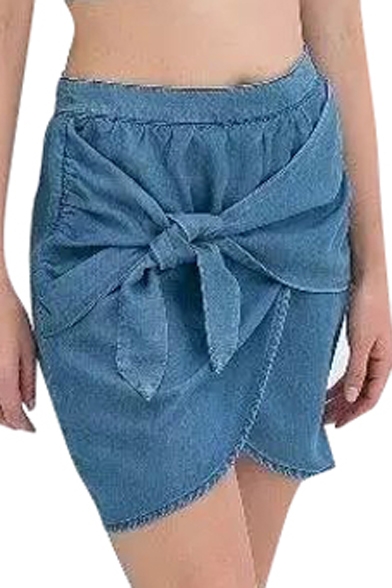Blue Plain Bow Front Denim Skirt