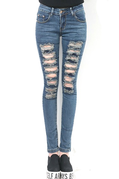 Blue Ripped Casual Skinny Zipper Fly Jeans