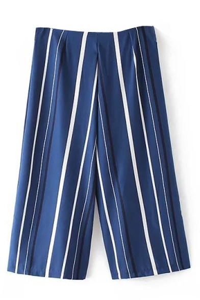 Dark Blue Vertical Stripe Fold Style Wide Leg Pants - Beautifulhalo.com