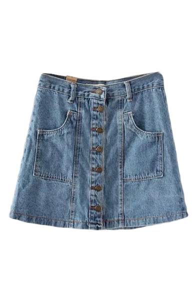Denim Button Fly Double Pockets A-line Skirt