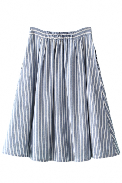 High Waist Stripe Buttoned A-line Midi Skirt - Beautifulhalo.com