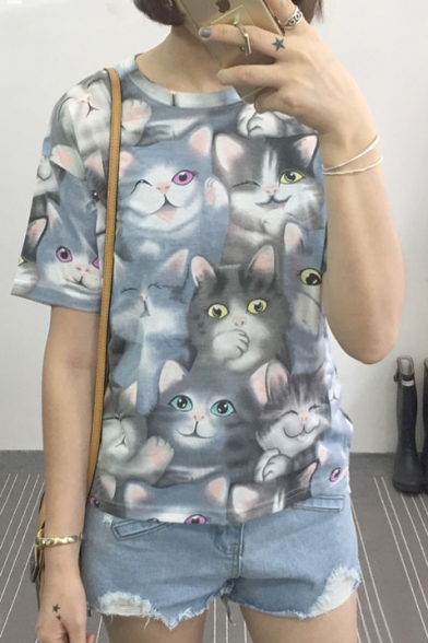 Lovely Cat Print Short Sleeve T-Shirt - Beautifulhalo.com