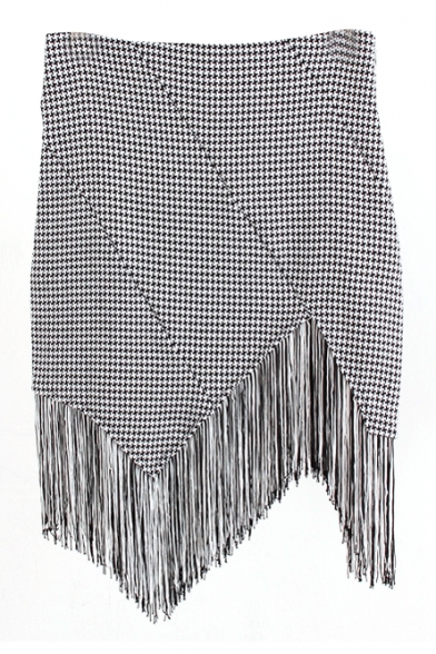 Print Zipper Fly Asymmetrical Hem Skirt with Tassel