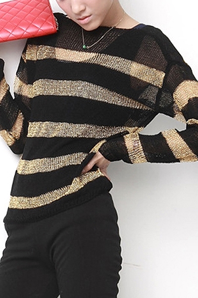 Scoop Neck Striped Long Sleeve Loose Thin Sweater