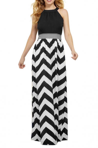 Striped Round Neck Sleeveless High Waist Maxi Dress