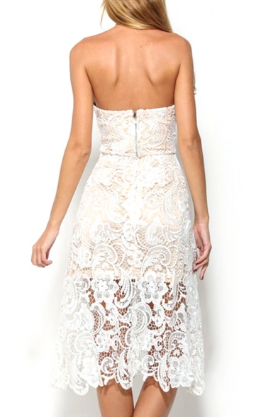 White Lace Crochet Strapless Midi Dress 1585