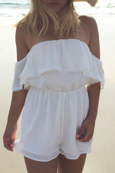 White Off-the-Shoulder Ruffle Layer Front Beach Rompers