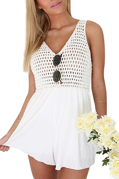 White V-Neck Cutout Net Top Rompers