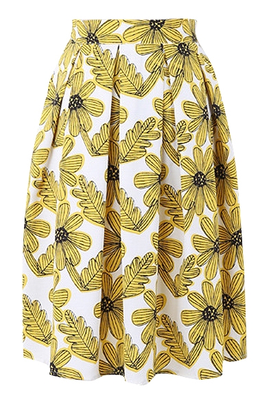 All Over Sun Flower Print Pleated Midi Skirt
