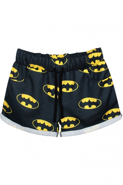 Batman Print Cuffed Sports Shorts with Drawstring Waist