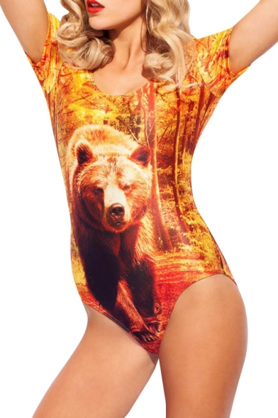 Bear Print Short Sleeve High Waist Bodysuit