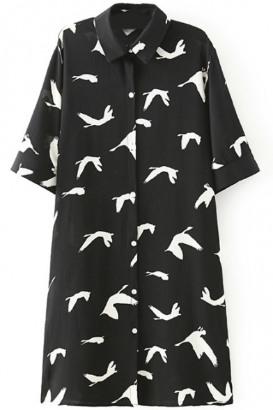 1/2 Sleeve Black Bird Chiffon Longline Shirt